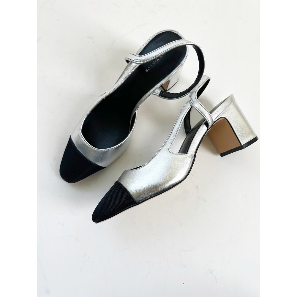 Ann Taylor Cap Toe Slingback Metallic Pumps - Size 7 Black Silver Leather